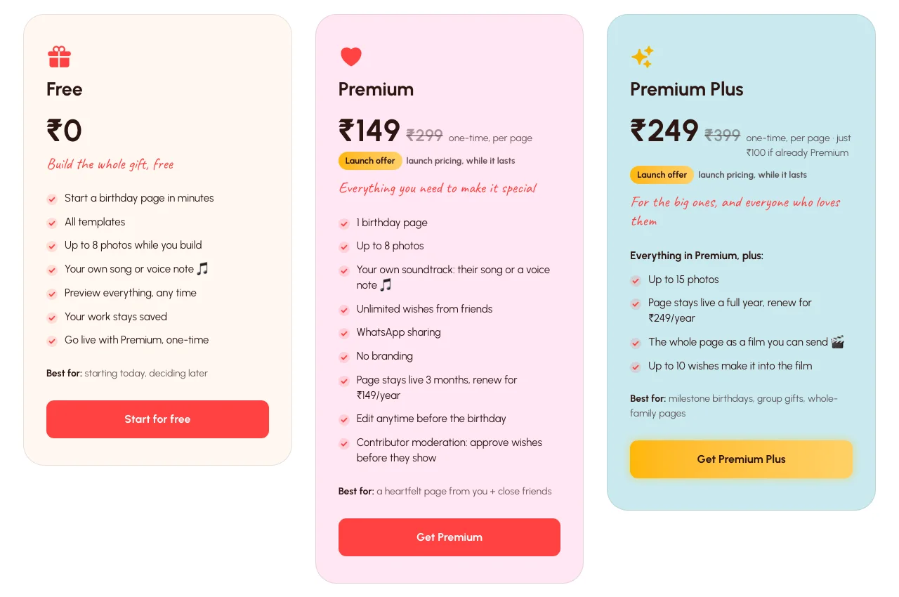 The live Adorely pricing page: one payment, no subscription